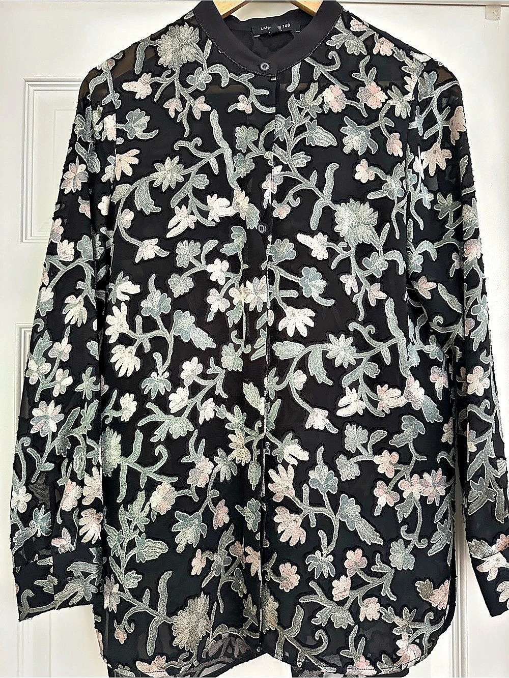 Lafayette 148 New York Ditsy Floral Print Silk Georgette Embellished Blouse Silk
